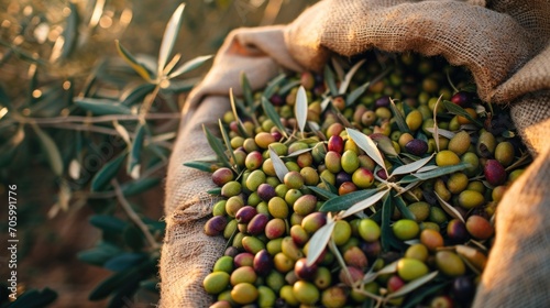  selective focus on the harvest of olives collected in canvas sacks on a blurred background of a field and transport. Conceptual background for the image of Olive Day photo