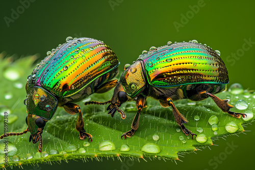 Two colorful, metallic iridescent beetles are captured in extreme close-up on a leaf covered with dewdrops, showcasing their detailed textures