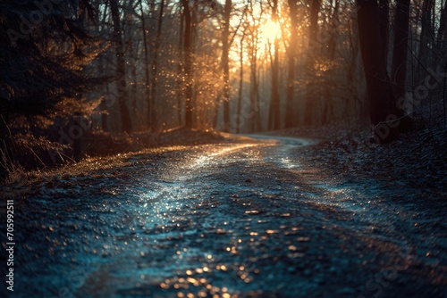 Wet road in autumn or winter transition period forest with sunlight between the trees in the woods ad dawn or dusk