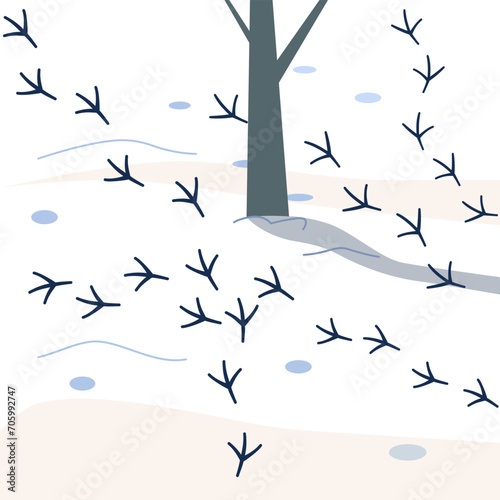 Traces of wintering birds in snow in city park. Vector cute illustration of paws print of flock of pigeons looking for food in city in winter.