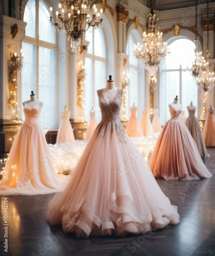 A wedding dress is displayed in a room with chandeliers. Generative AI.
