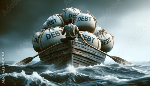 Sinking in Debt. Business man in a sinking boat loaded with bags of debt. When you're drowning in debt, it can feel like the world is caving in around you photo