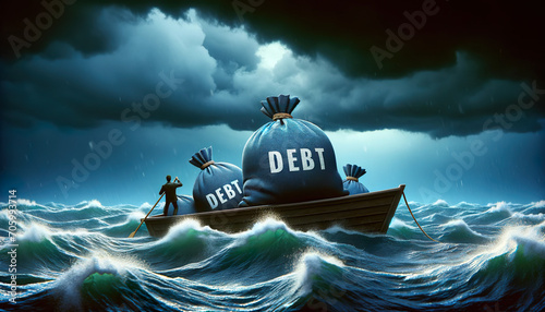 Sinking in Debt. Business man in a sinking boat loaded with bags of debt. When you're drowning in debt, it can feel like the world is caving in around you