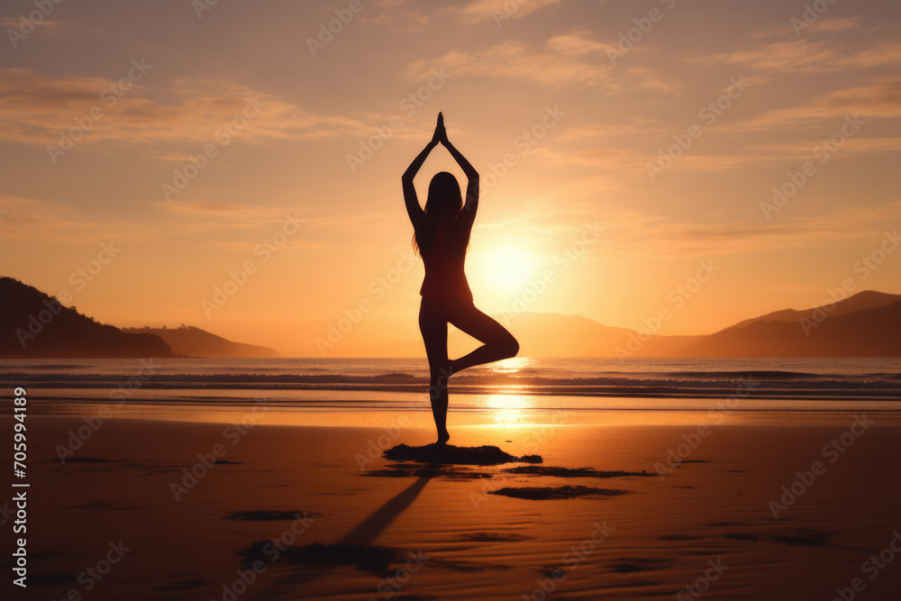 Silhouette of Yoga Pose at Beach Sunset