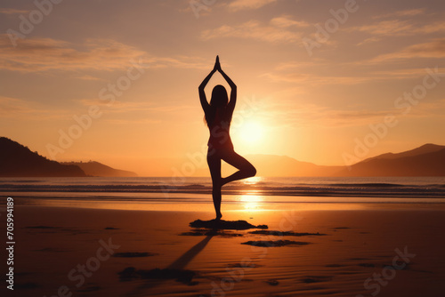 Silhouette of Yoga Pose at Beach Sunset