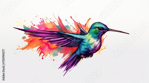 Beautiful hummingbird, rainbow vibrant colorsplash, watercolor style white background. Generate AI