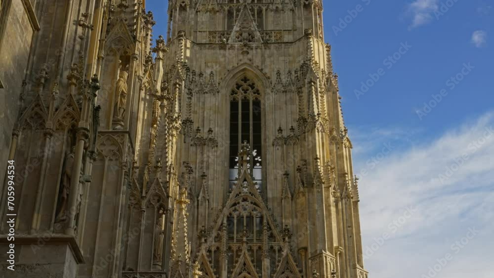 Closeup architecture detail of the Stephansdom or St. Stephen Cathedral facade and south tower(Südturm), Vienna, Austria 