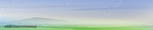 Horizontal banner with blue sky, mountain, fields. Place for text. Watercolor textured vector background. 