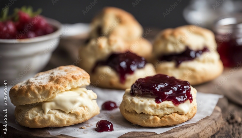 Scones with berry jam on a rustic wooden table