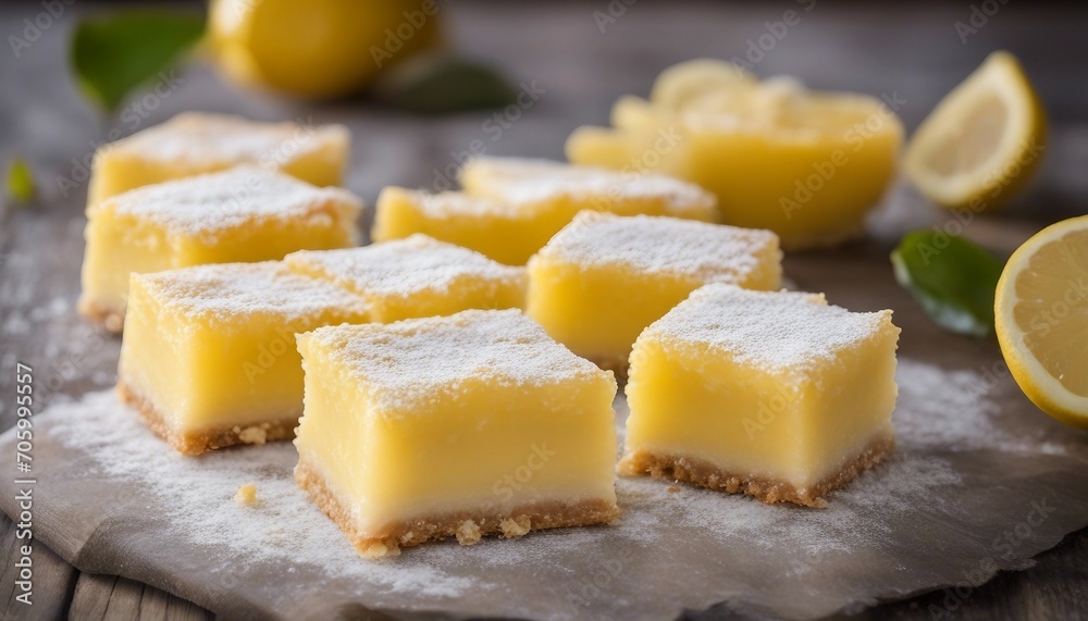 Lemon curd bars on a wooden background. Selective focus.