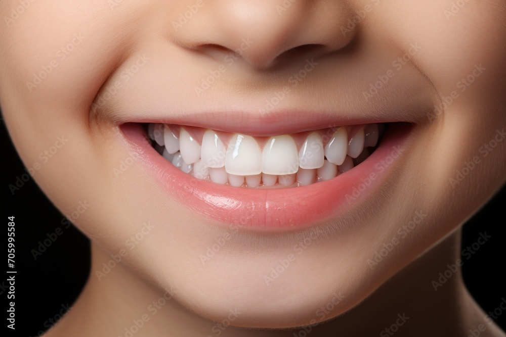 close up of a child's smile with white teeth. Advertising of teeth whitening products or dental clinic. close up of a child's smile with white teeth. Advertising of teeth whitening products or dental clinic.