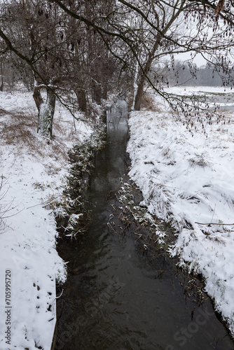 Zimowa panorama polnego potoku w popołudniowych godzinach pochmurnego szarego dnia w Zachodniej Polsce