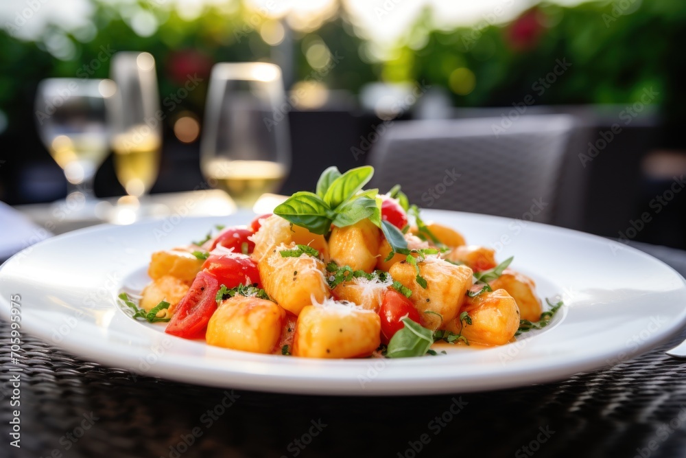 gnocchi in a white plate on a summer cafe table. soft focus gnocchi in a white plate on a summer cafe table. soft focus
