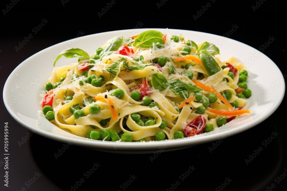 pasta dish with a variety of spring vegetables.primavera.white plate. black background