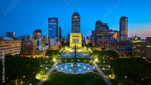 Aerial Twilight View of Indiana War Memorial with Fountain and Cityscape photo