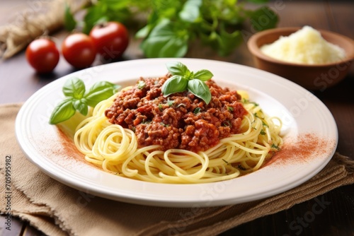  bolognese with spaghetti. Italian background