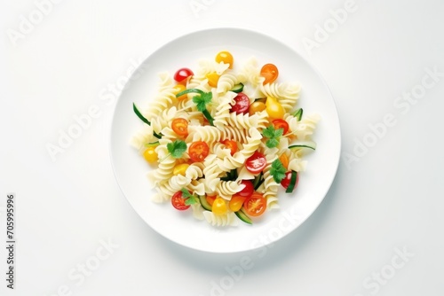 vegetarian pasta. primavera. white plate on a white background. top view