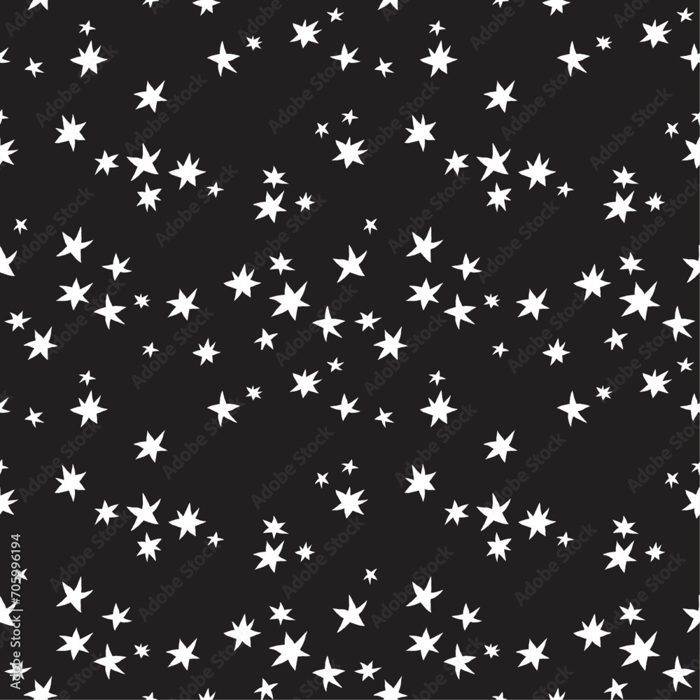 Starry night seamless vector pattern. Simple monochrome geometric ornament with stars for printing on different surfaces. Creative attractive texture for printing on fabric, wrapping, wallpaper, etc.. Starry night seamless vector pattern. Simple monochrome geometric ornament with stars for printing on different surfaces. Creative attractive texture for printing on fabric, wrapping, wallpaper, etc..