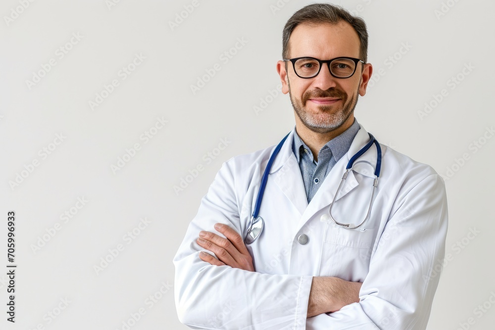 Approachable portrait of a family doctor, friendly and personable, white background