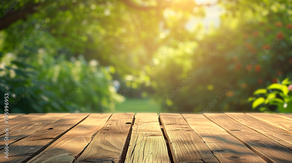 Close-up of inviting wooden table amidst natural beauty of green, blurred yard Close-up of inviting wooden table amidst natural beauty of green, blurred yard
