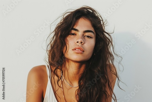 Boho-chic portrait of a Latino woman, indie and unconventional, white background