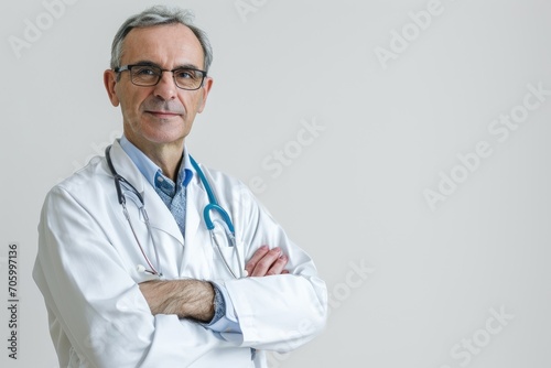 Calm portrait of a doctor, serene and reassuring, white background © furyon