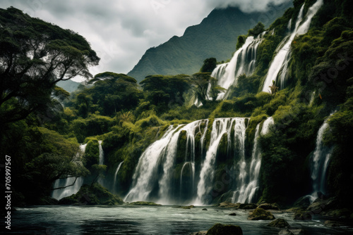 Majestic Waterfall in a Lush Mountain Landscape