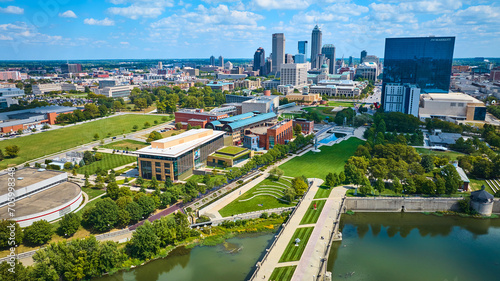 Aerial View of Urban Park and Riverfront in Indianapolis Downtown