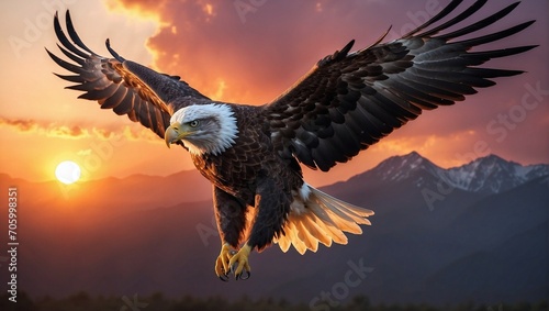 A majestic eagle soars at sunset, its sharp eyes focused on its prey