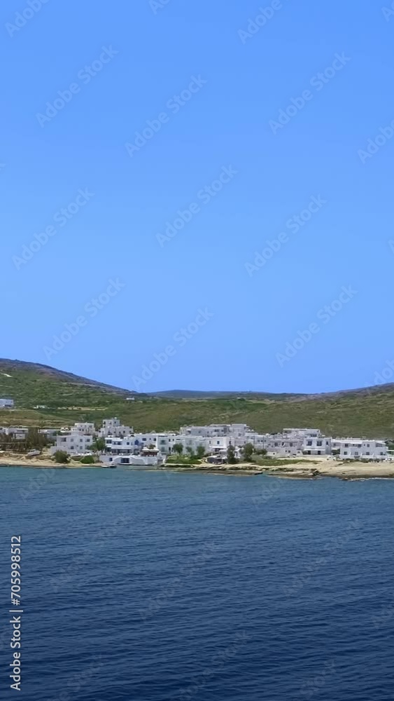 Panning view of Milos island, Greece, on clear sunny day