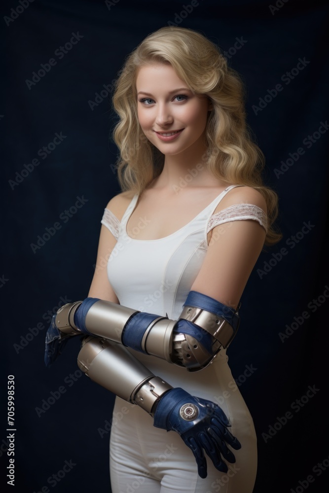 Young girl confidently with technologically advanced prosthetic arm. Integrates natural movement, symbolizing resilience, empowerment, intersection of humanity with cutting-edge assistive technology. Young girl confidently with technologically advanced prosthetic arm. Integrates natural movement, symbolizing resilience, empowerment, intersection of humanity with cutting-edge assistive technology.