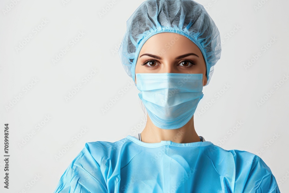 Confident portrait of a female surgeon, skilled and determined, white background
