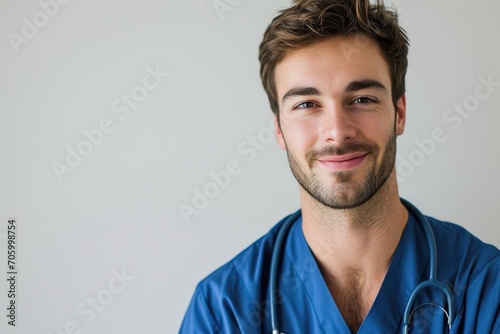 Compassionate portrait of a male nurse, caring and empathetic, white background photo