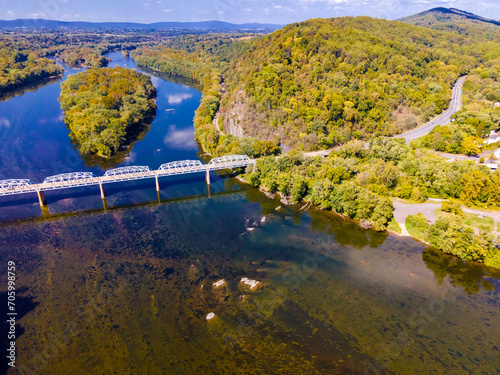 Transport bridge over the Potomac River on the border of Virginia and Maryland. Aerial view of nature and traffic