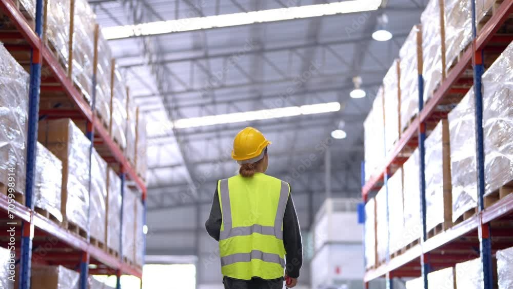 female worker walking and inspecting shelves lack of items for shipping. Back of woman checking the store factory. industry factory warehouse. The warehouse for logistics and freight transport. female worker walking and inspecting shelves lack of items for shipping. Back of woman checking the store factory. industry factory warehouse. The warehouse for logistics and freight transport.