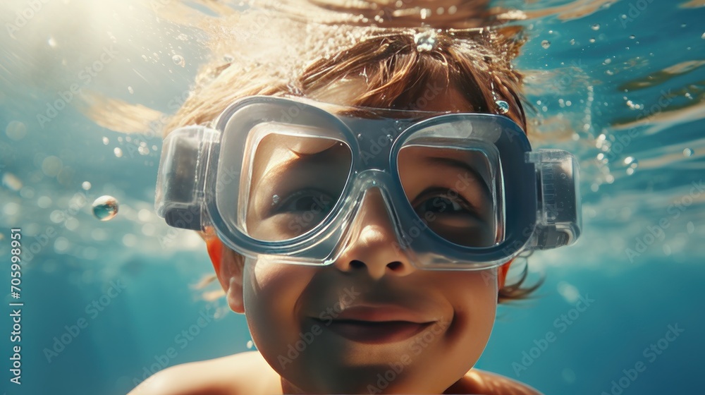 Fototapeta premium Close-up of a child's face wearing swim goggles, portrait
