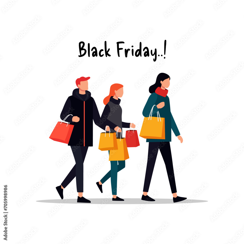 Crowded Shopping Mall Scene for Black Friday Flat Design Vector. Crowded Shopping Mall Scene for Black Friday Flat Design Vector.