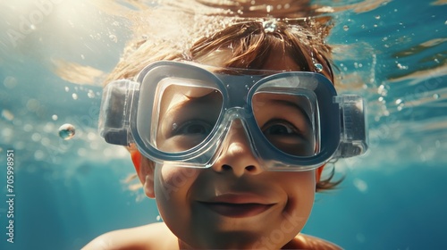 Close-up of a child's face wearing swim goggles, portrait © keystoker