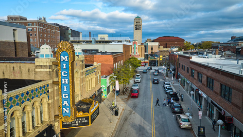 Aerial Downtown Ann Arbor Street with Historic Theaters and Tower