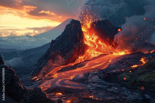 Scary volcanic eruption with flowing red magma
