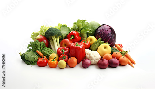 Collection of fresh organic vegetables and fruits on white background.