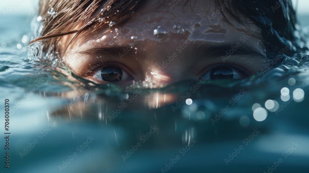 Eyes of a boy swimming in the sea or pool. Close-up of a child's face emerging from the water after a dive