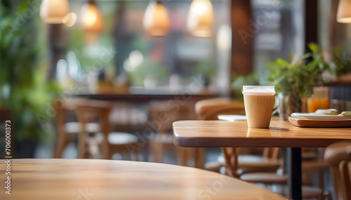 Blurred coffee shop and café restaurant interior background with empty wooden table. Use for products display or montage
