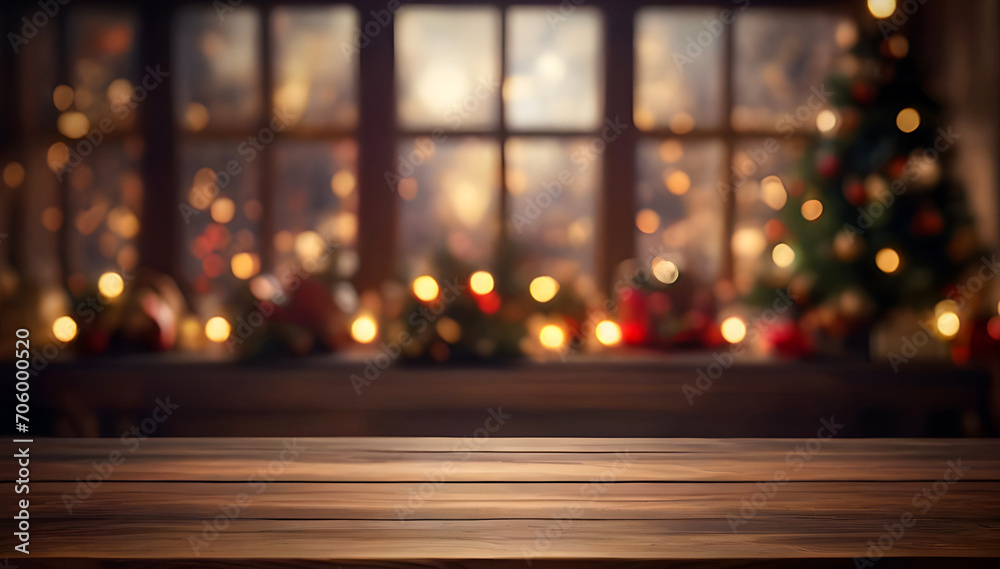 Rustic empty wooden table with blurry Christmas tree and fireplace Christmas background with copy space