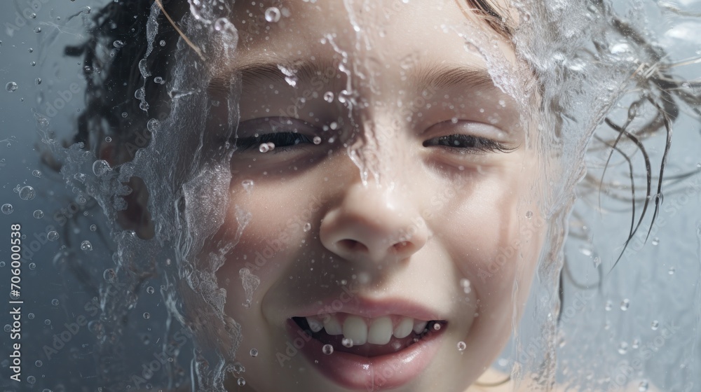 Close-up of child's face under splashing water, portrait Close-up of child's face under splashing water, portrait