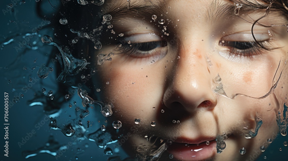 Close-up of child's face under splashing water, portrait Close-up of child's face under splashing water, portrait