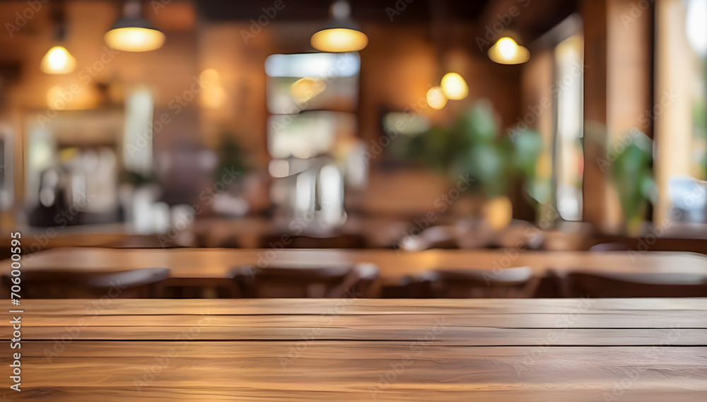 Blurred coffee shop and café restaurant interior background with empty wooden table. Use for products display or montage