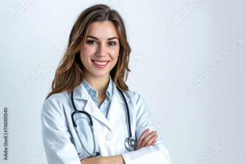 Energetic portrait of a young female doctor, vibrant and lively, white background
