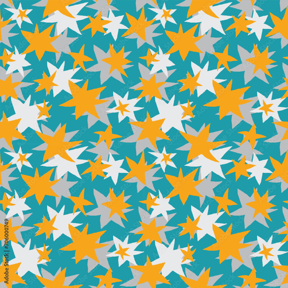 Freehand drawn gray and golden yellow stars on teal background seamless vector pattern. Creative colorful texture for printing on fabric, wrapping, textile, wallpaper, apparel etc. Freehand drawn gray and golden yellow stars on teal background seamless vector pattern. Creative colorful texture for printing on fabric, wrapping, textile, wallpaper, apparel etc.