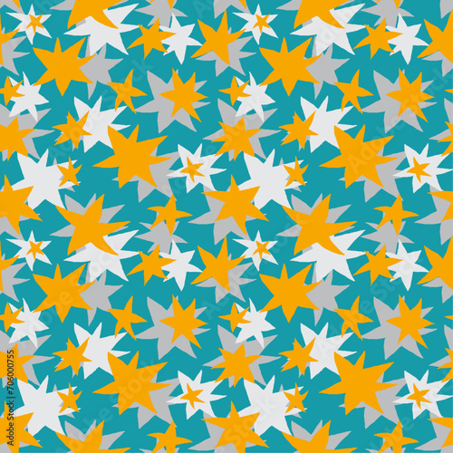Freehand drawn gray and golden yellow stars on teal background seamless vector pattern. Creative colorful texture for printing on fabric, wrapping, textile, wallpaper, apparel etc.